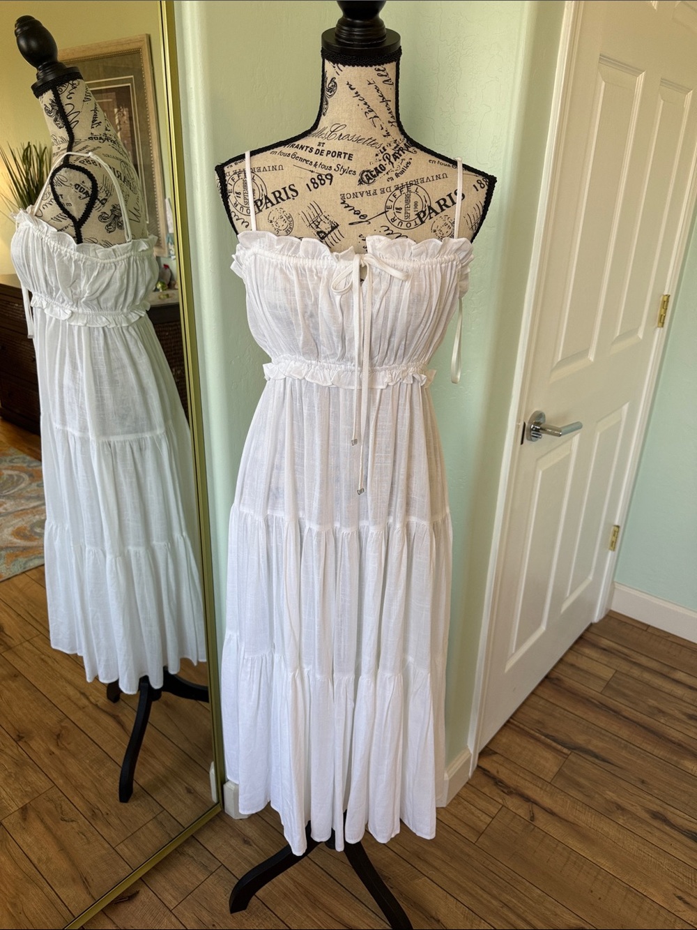 NWT Beautiful White Tiered Smocked Midi/Maxi Dress with Tie Front by Cameo!